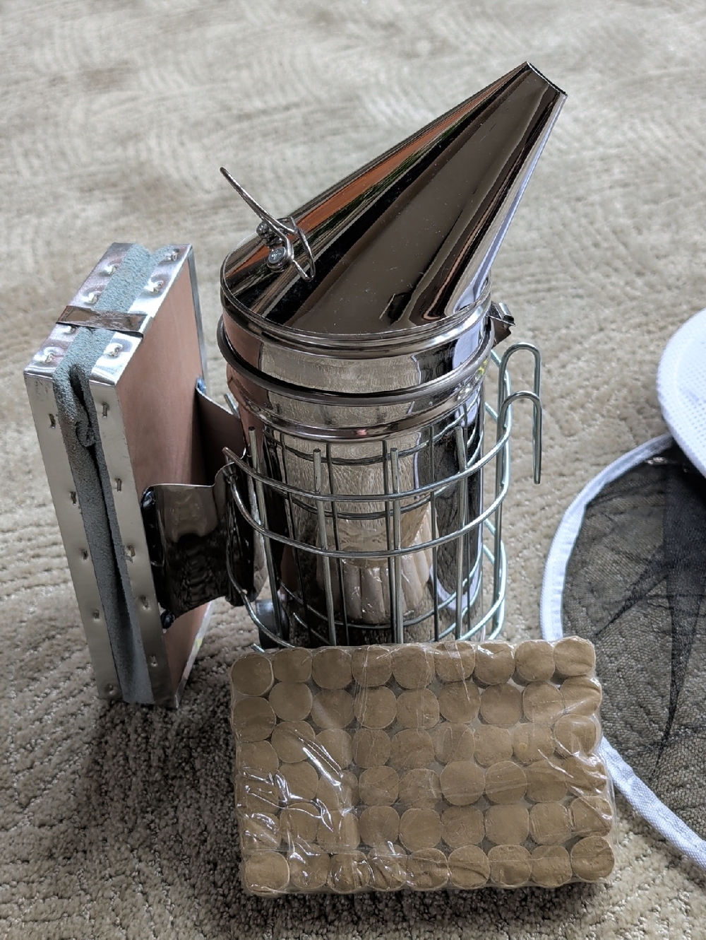 Stainless Steel Bee Smoker includes  Beekeeper's protective veil